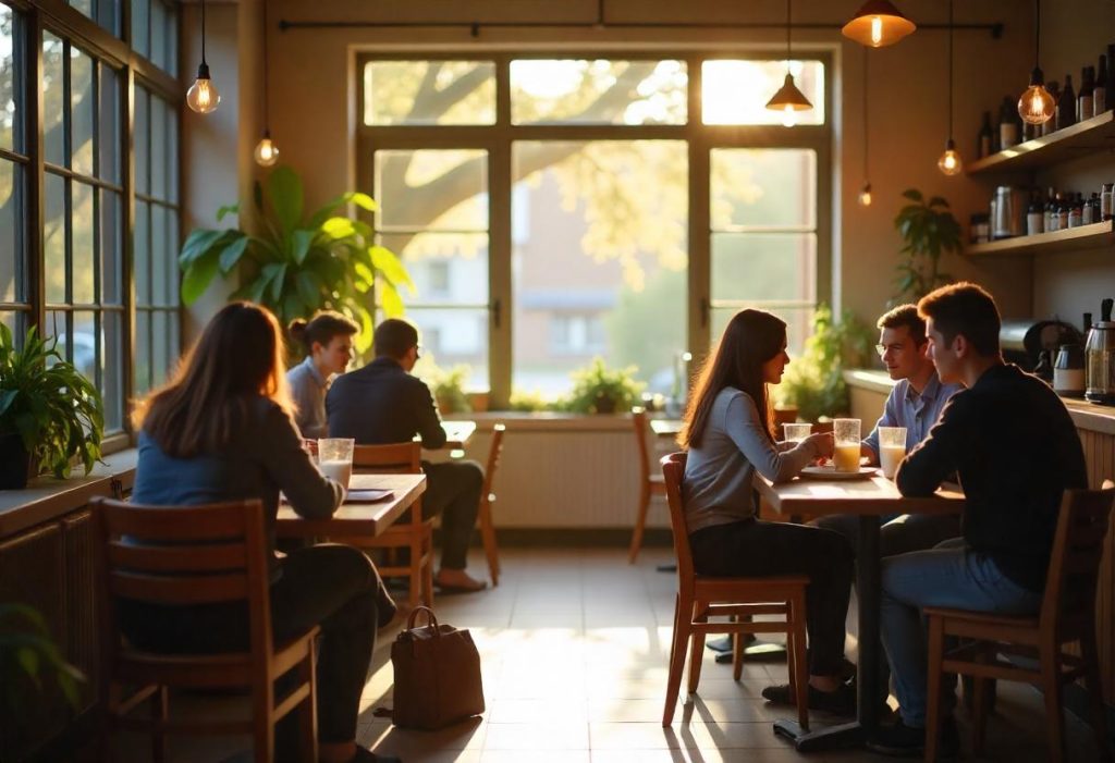 Clientes disfrutan de una conversación en una luminosa cafetería con grandes ventanales, rodeados de plantas y una decoración cálida e industrial.