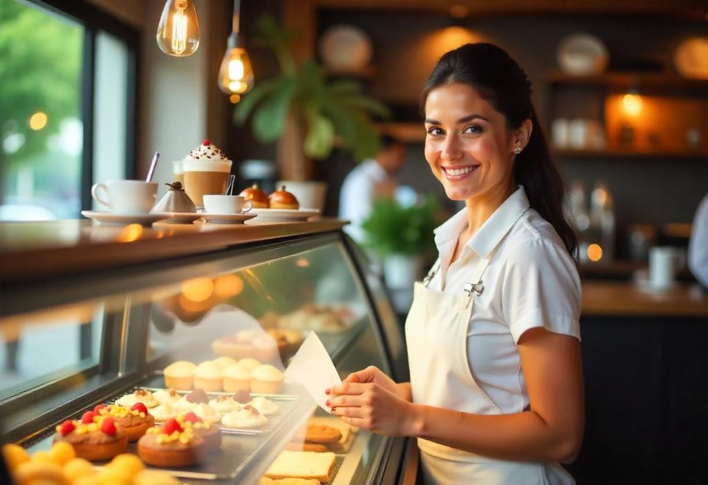 Una barista sonriente atiende en una acogedora cafetería, preparando pedidos detrás de un mostrador con una vitrina llena de dulces y repostería.