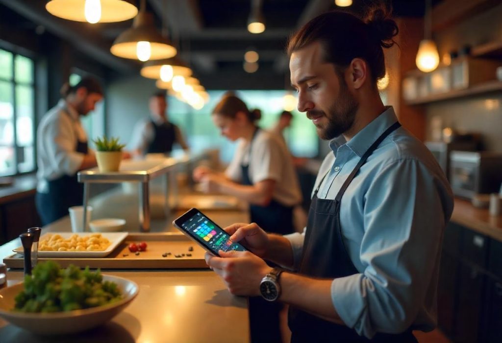 Encargado de restaurante organizando turnos desde una tablet en la cocina, mientras el equipo trabaja en segundo plano