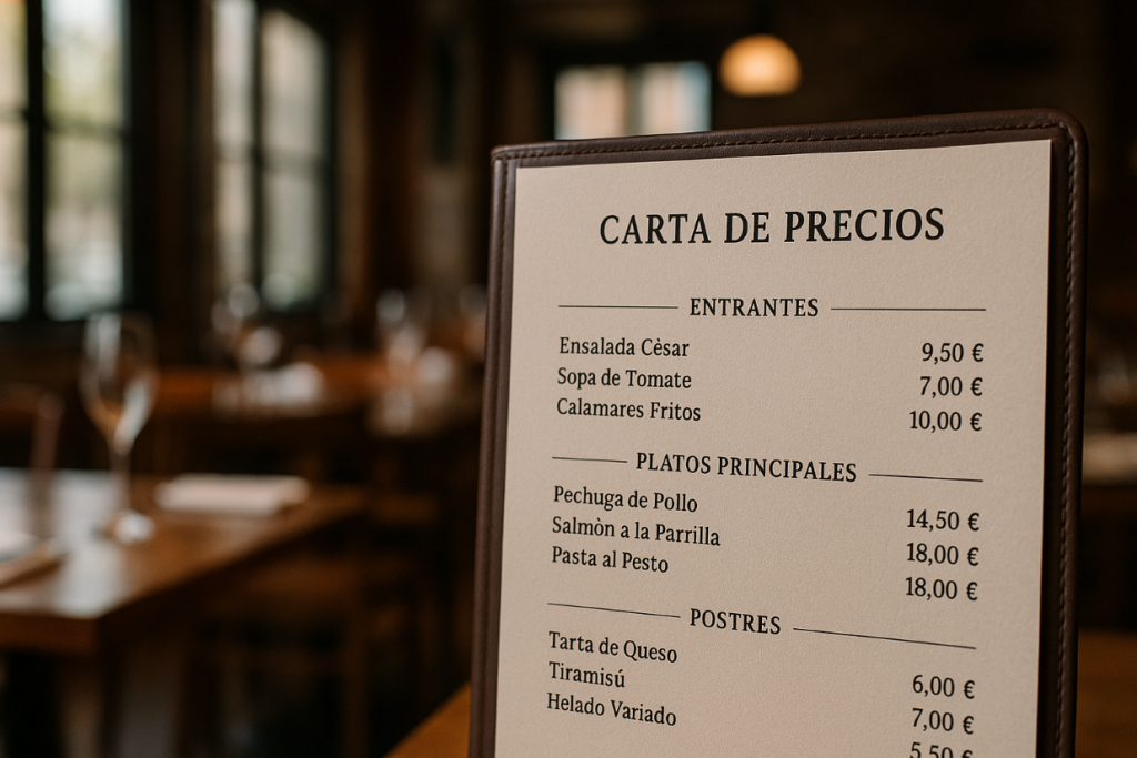 Carta de precios de un restaurante con secciones de entrantes, platos principales y postres, mostrada en primer plano sobre una mesa en un comedor elegante