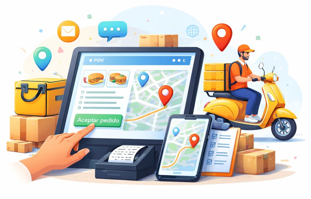 Ilustración en dibujo donde se visualizan diversos elementos sobre cómo recibir pedidos a domicilio en mi TPV