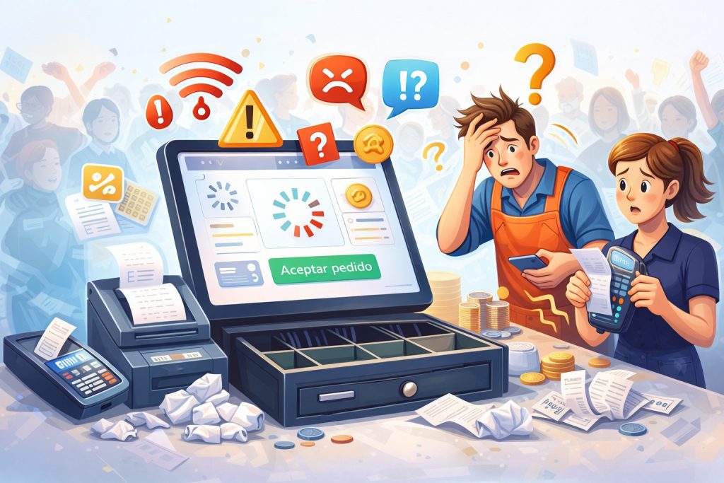 Dibujo que representa a dos trabajadores en su negocio aprendiendo los errores mas comunes al usar un TPV en hora punta (y como evitarlos)