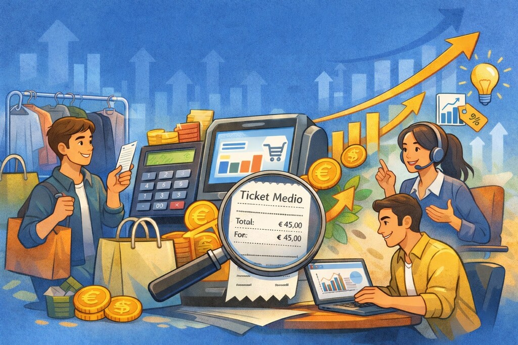 Dibujo representando a dos trabajadores en su negocio analizando métricas del TPV para el ticket medio y un cliente observando su factura