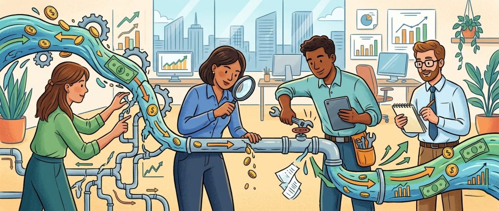equipo de negocios detectando y reparando fugas de dinero en un negocio