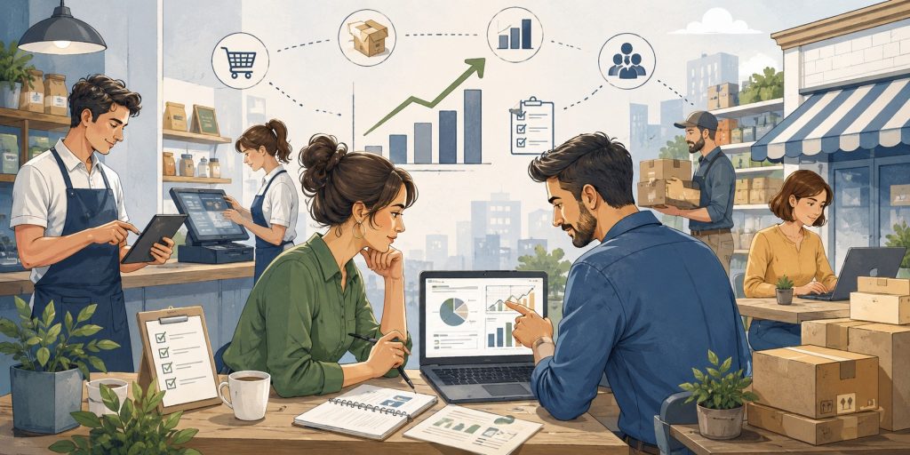 Ilustración horizontal de un equipo gestionando un negocio en crecimiento con herramientas digitales, análisis de datos y control de operaciones en un entorno comercial.