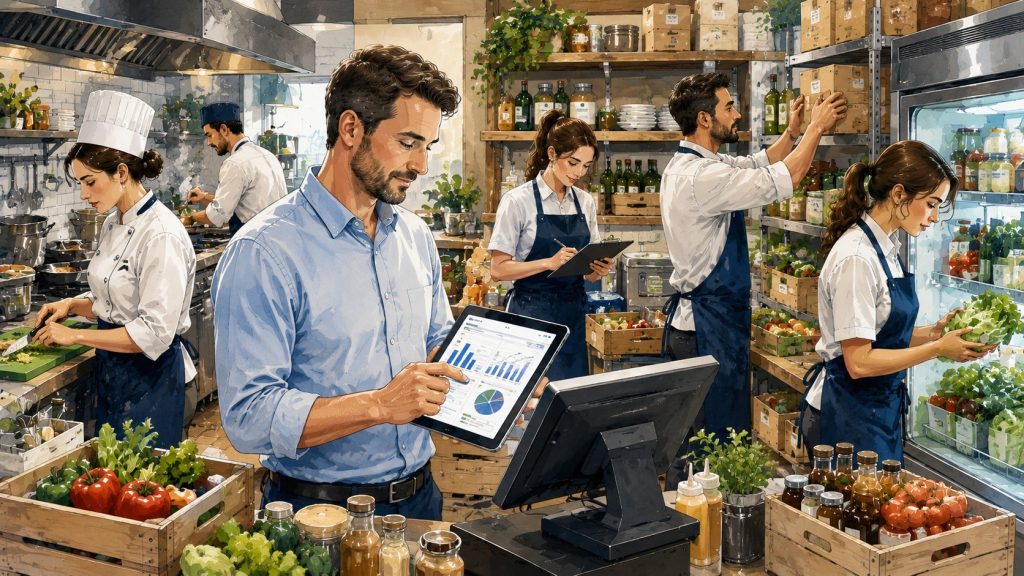 Ilustración de un restaurante con personal gestionando el control de stock mediante un TPV y una tablet durante el servicio.