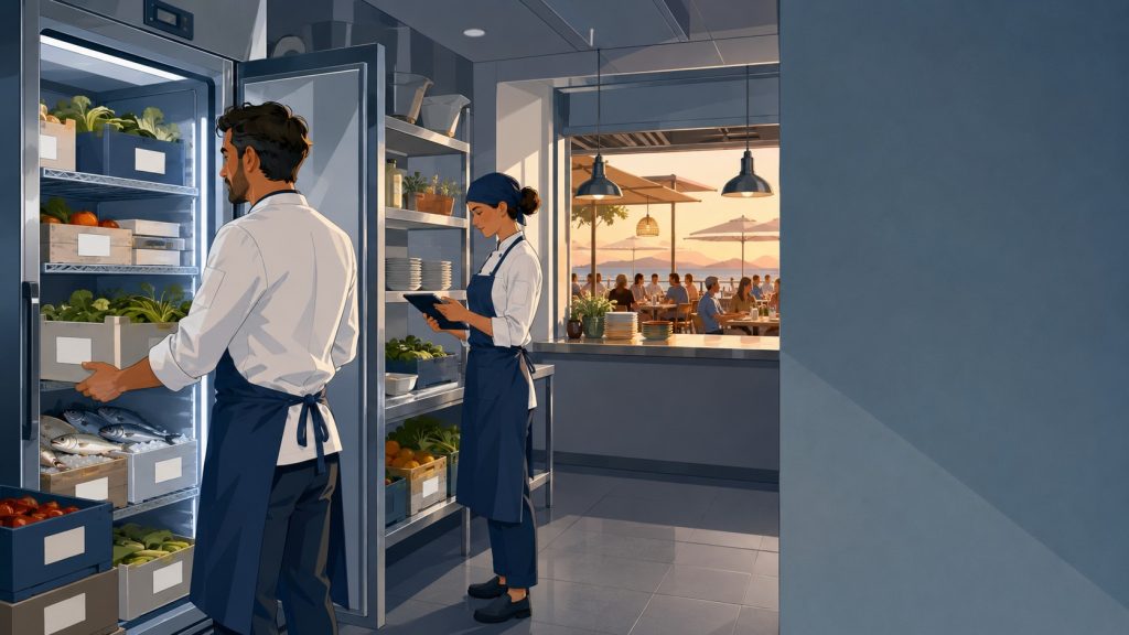 Jefe de cocina revisando el producto de la cámara frigorífica de un restaurante durante el servicio de verano
