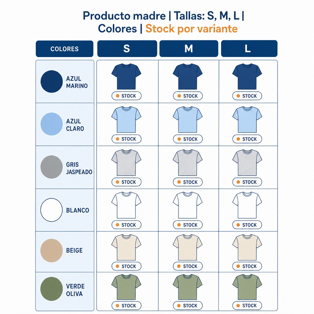 Matriz producto madre con variantes de talla y color y stock independiente por variante