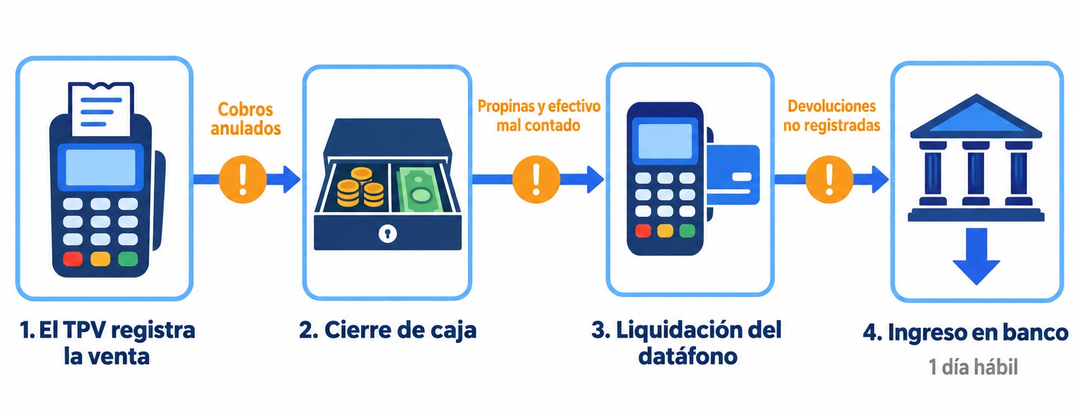 Diagrama del flujo desde el registro de la venta en el TPV hasta el ingreso en banco