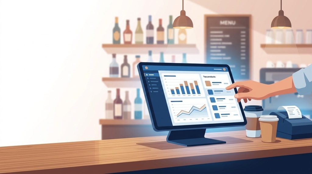 Pantalla de TPV mostrando un dashboard de informes con gráficos de ventas, ticket medio y top productos en un bar