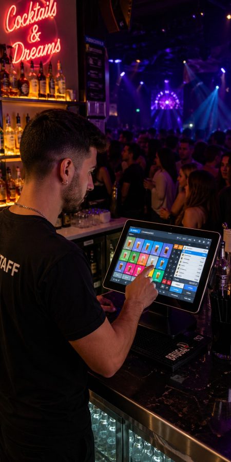 Empleado utilizando TPV en bar de copas o discoteca gestionando pedidos y ventas