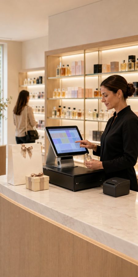 Dependienta usando un software TPV en una perfumería moderna mientras gestiona una venta de perfume.