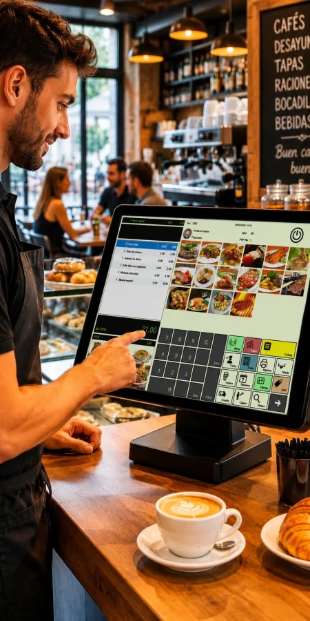 Empleado de cafetería gestionando pedidos en un TPV táctil moderno, con café y bollería en primer plano y clientes al fondo.